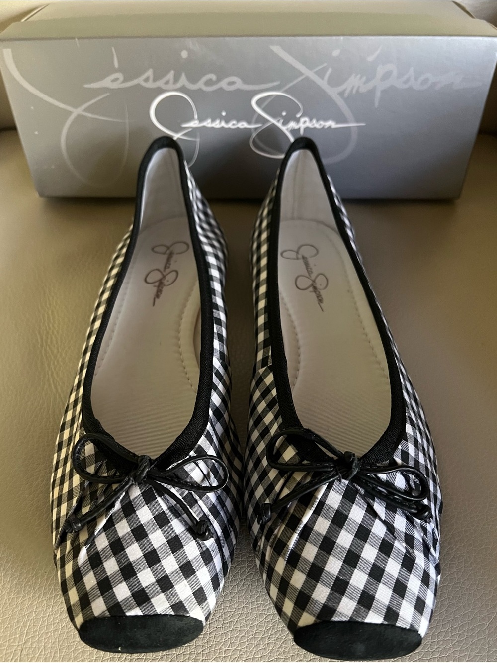 Jessica Simpson JS-Leve Black White Gingham Ballet Flats Bow Size 10 NIB